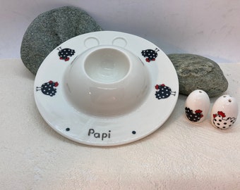Coquetier with salt and pepper shaker, porcelain, customizable, black hen patterns