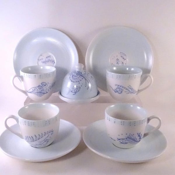 Tasses à café et sucrier blancs et bleus,en porcelaine ,peint main,cadeau idéal pour amateurs de café et pour la fête des mères