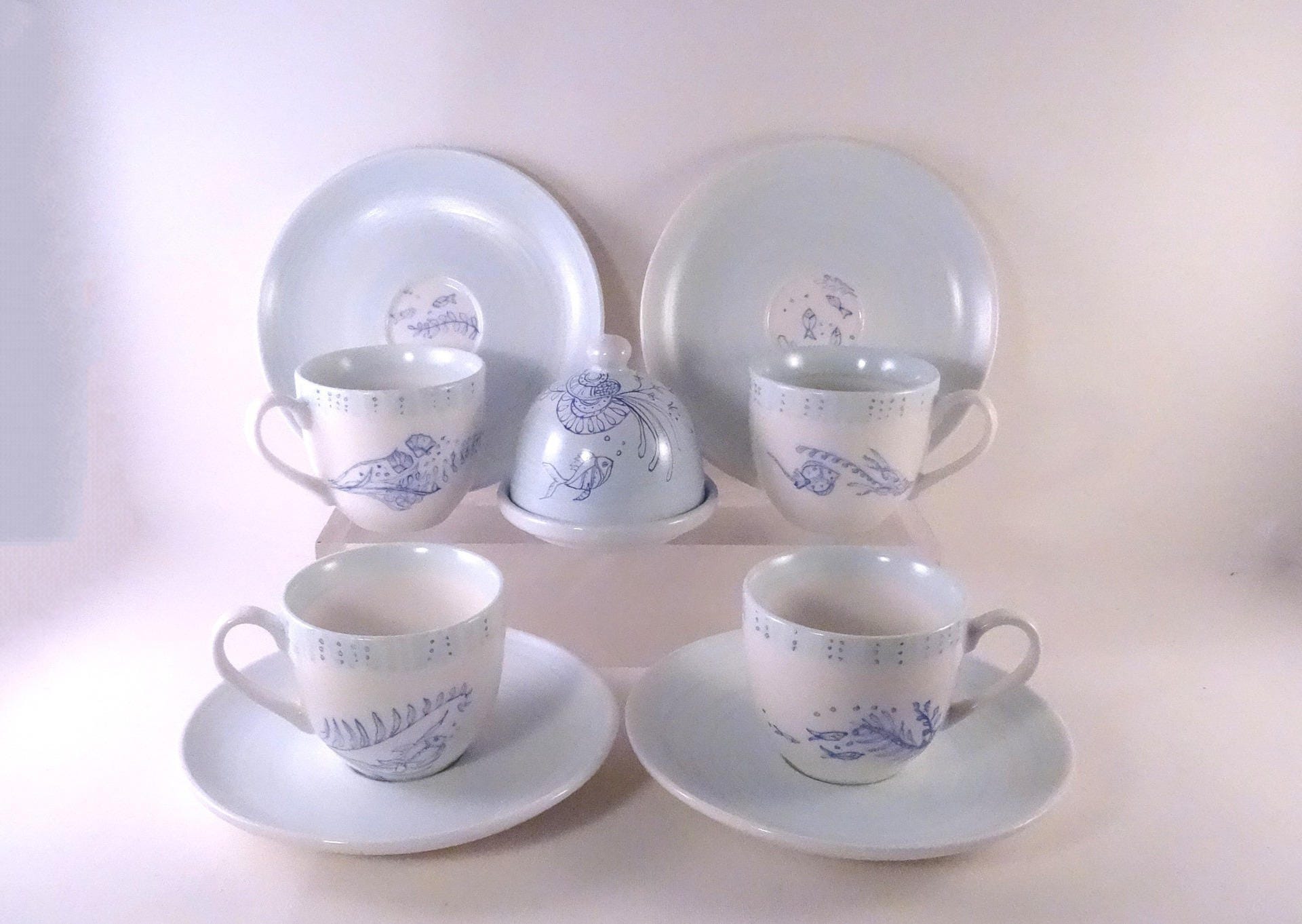 Tasses à Café et Sucrier Blancs Bleus, en Porcelaine , Peint Main, Cadeau Idéal Pour Amateurs de La 