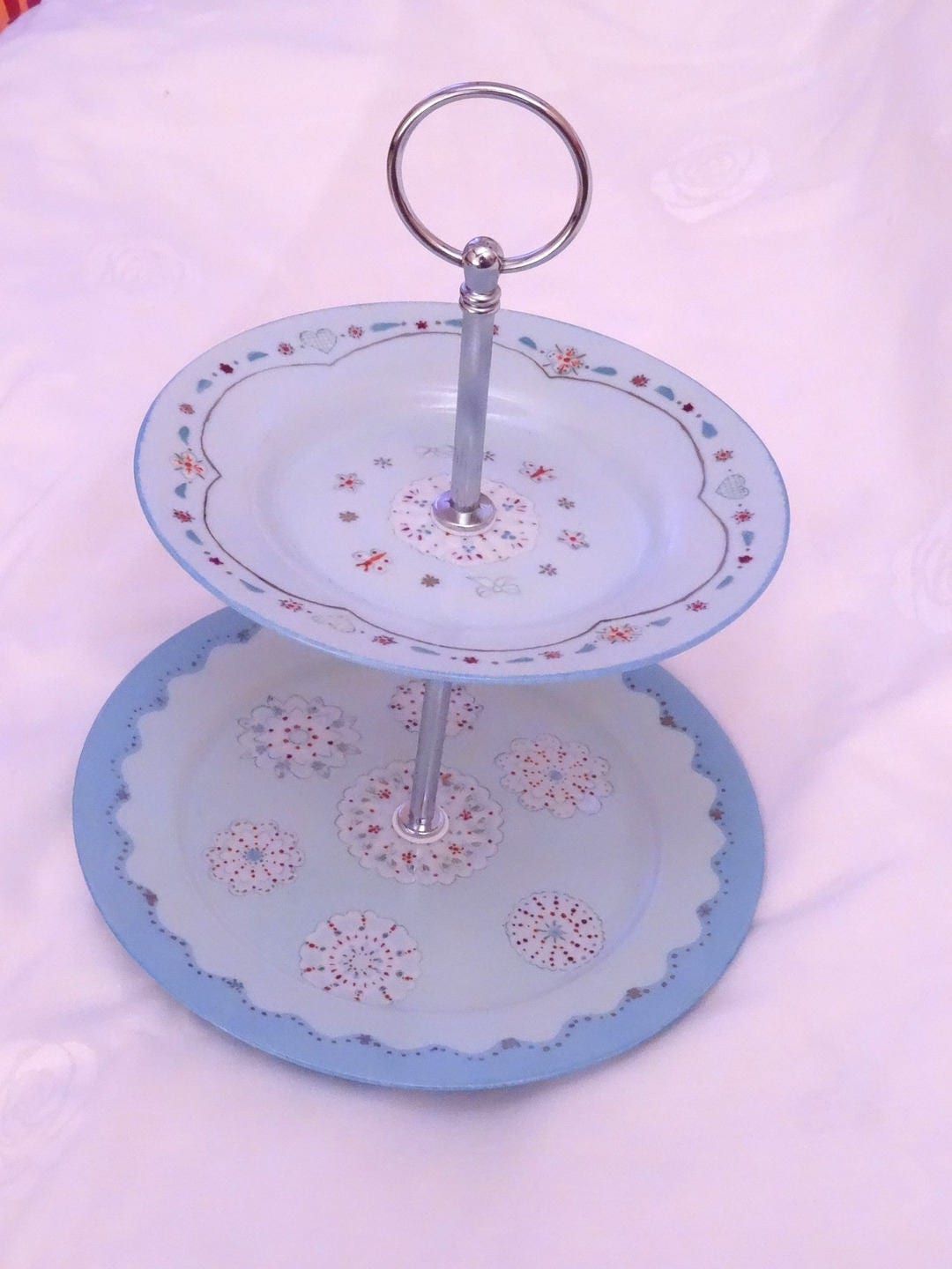 Serviteur à Gâteaux, 2 Étages, en Porcelaine Peinte La Main, Cadeau de Fête Des Mères