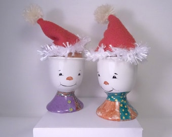 2 customizable hand-painted porcelain Christmas shells snowmen and their hats