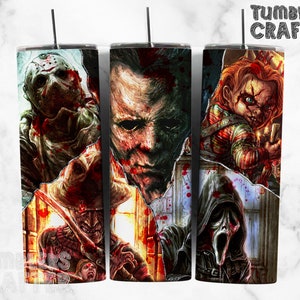 Diseños de sublimación de personajes de películas de terror, vaso flaco de Halloween de 20 oz, sublimación de vaso de amigos, sublimación recta y cónica