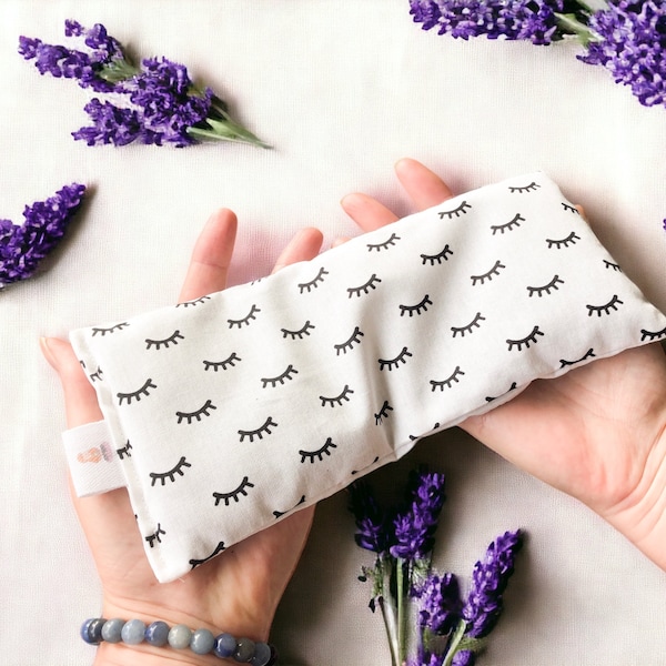 Yoga Lavender Aromatherapy Eye Pillow in White with Sleepy Eyes Eyelashes, Gift Boxed