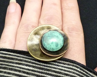 Bronze ring aqua glass - minimal - CHIC - adjustable