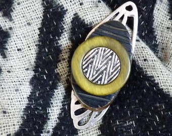 Yellow magnetic brooch with long silver wing, for fastening vests and scarves | ethnic | CICADA | - KUMKA