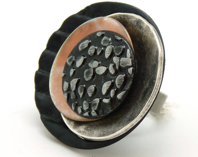 Large silver ring in black and orange mother-of-pearl metal and resin offset lunar MILKY WAY adjustable Last piece!