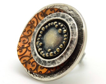 Large CHAMPAGNE light orange silver ring in metallic resin metal and adjustable mother-of-pearl PROMO!