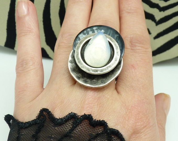 Opalite stone ring in black silver MOONSTONE adjustable
