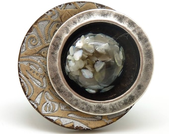 Big wooden ring pattern silver metal, resin and mother-of-pearl EXTASIA adjustable adjustable last piece!
