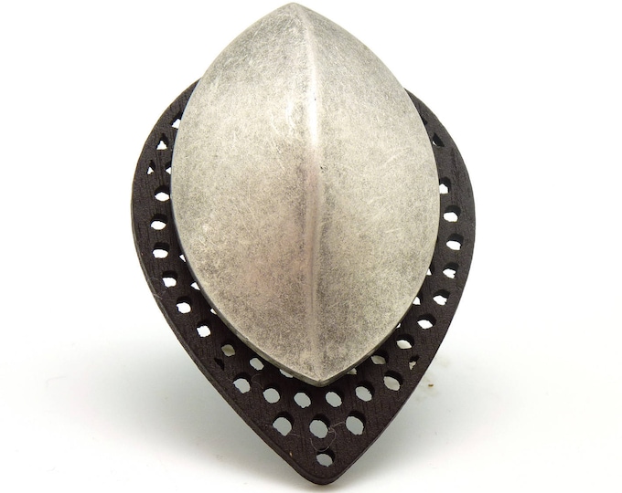 Large silver and wood ring extra|light ethnic metallic resin | SCARABEE | adjustable