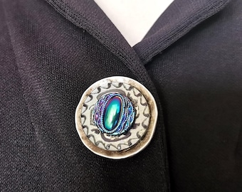 Magnetic Brooch in Iridescent Blue Glass | AURA | for fastening a neckline and scarf - KUMKA
