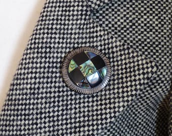 Mother-of-Pearl and Horn Checkerboard Magnetic Brooch | CHESSBOARD | for fastening a vest - KUMKA