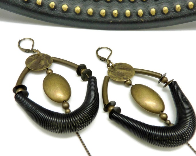 Spring hoop earrings, black and bronze, in metal and metallic resin, graphic, chic WAZZ Clip-on option