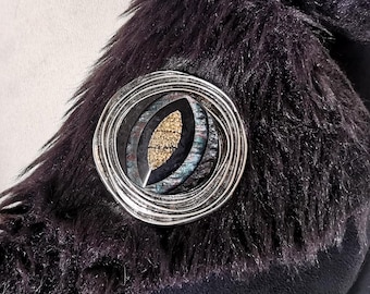 Large Silver Magnetic Brooch with Gold Sequins | NEBULA | for fastening a vest - KUMKA