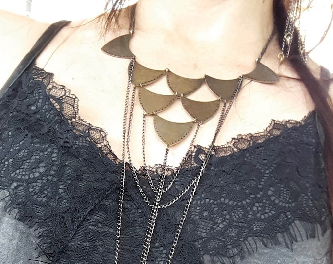 Long bib necklace, bronze metal sautoir necklace, gun metal chain, play of light ethnic graphic triangles ZOOLOVE