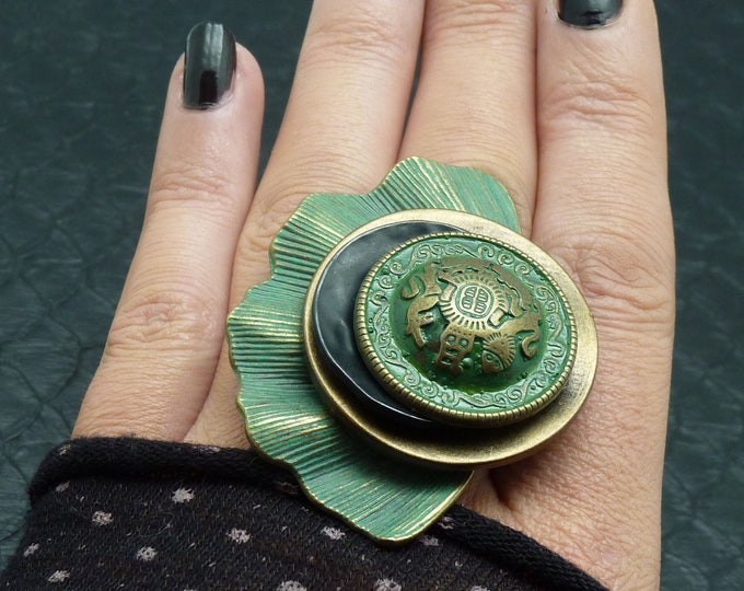 Large oxidized patinated ring green bronze black metal GINGKO GREEN adjustable Best seller