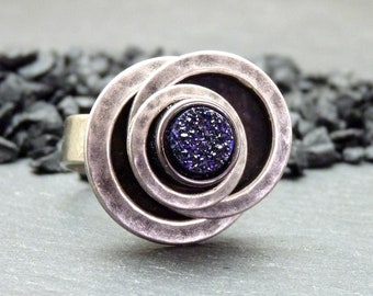 Purple druzy stone ring silver plated - adjustable - DRUZY VIOLET