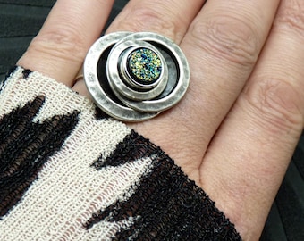 Green druzy stone ring, silver plated metal | adjustable | GREEN DRUZY