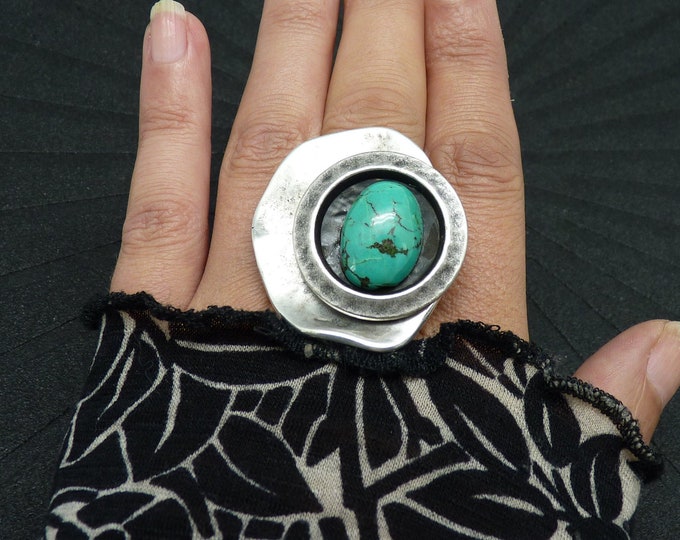 Large Silver Ring Turquoise Stone Offset Graphic Minimal GRECCA Adjustable Best Seller