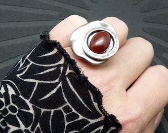 Silver ring with red carnelian stone - offset - adjustable ring - MIMI GRECA