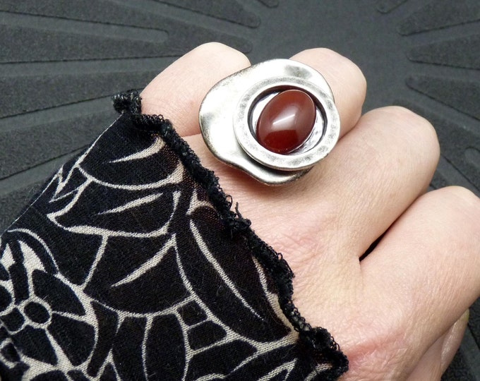 Silver ring with red carnelian stone - offset - adjustable ring - MIMI GRECA