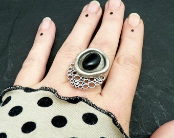 Small silver ring with black Onyx stone NEBULLE adjustable