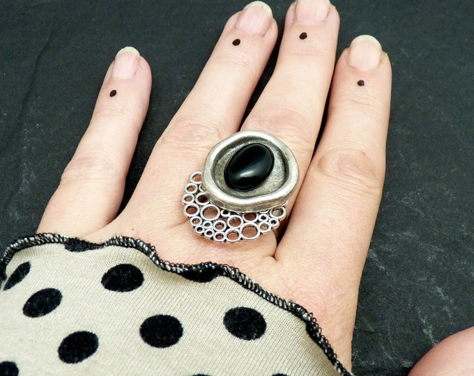 Small silver ring with black Onyx stone NEBULLE adjustable
