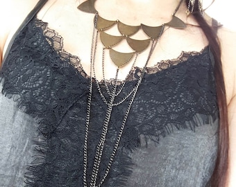 Long statement necklace in bronze metal, gunmetal chain, light ethnic graphic triangle design | ZOOLOVE | - KUMKA