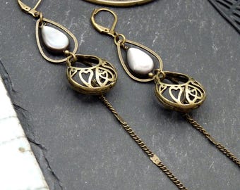 Long Mother-of-Pearl Basket Earrings in Bronze Filigree | ZELIA | Dried Flower Holder | Clip and Length Options - KUMKA