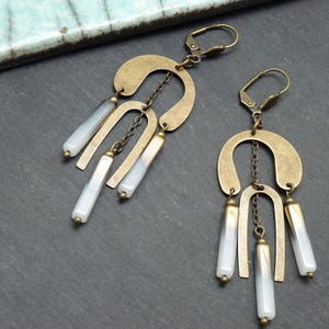 Art Deco bronze earrings, white glass stick | vintage style | MIMI LEMPICKA | clip-on option