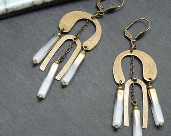 Art Deco bronze earrings, white glass stick - vintage style - MIMI LEMPICKA - clip-on option