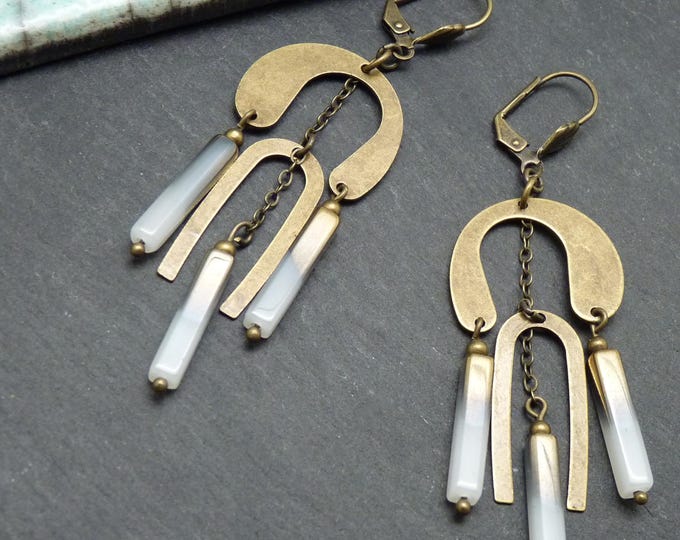 Art Deco bronze earrings, white glass stick - vintage style - MIMI LEMPICKA - clip-on option