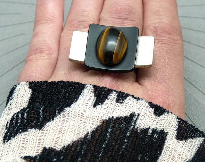 Silver ring with minimal cross-shaped tiger's eye stone TIGER'S EYE adjustable adjustable