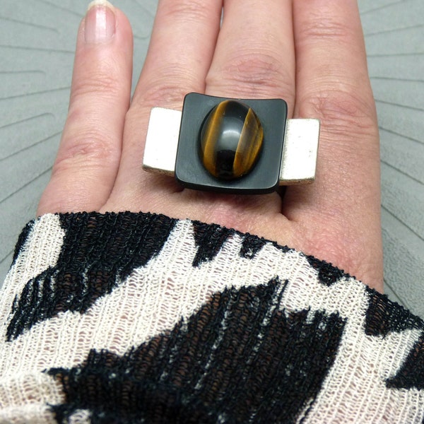 Bague argent pierre œil de tigre transversale minimale TIGER'S EYE réglable ajustable