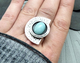Half-moon ring silver Amazonite soft blue stone, hammered metal, graphic HALF-MOON adjustable - Last piece!