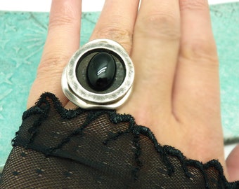 Small aged silver ring with black onyx stone GRECA adjustable adjustable Best seller