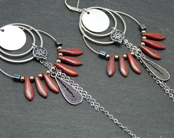 Silver and red glass hoop earrings - boho gypsy earrings - BOHEMIA ROUGE - clip-on option