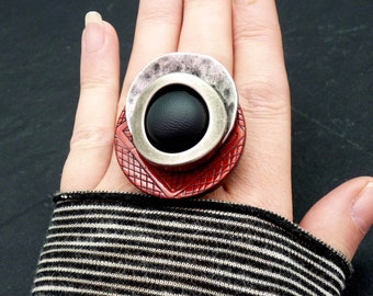 Large silver ring in wood metal and resin imitation leather NEW RETRO adjustable adjustable Best seller