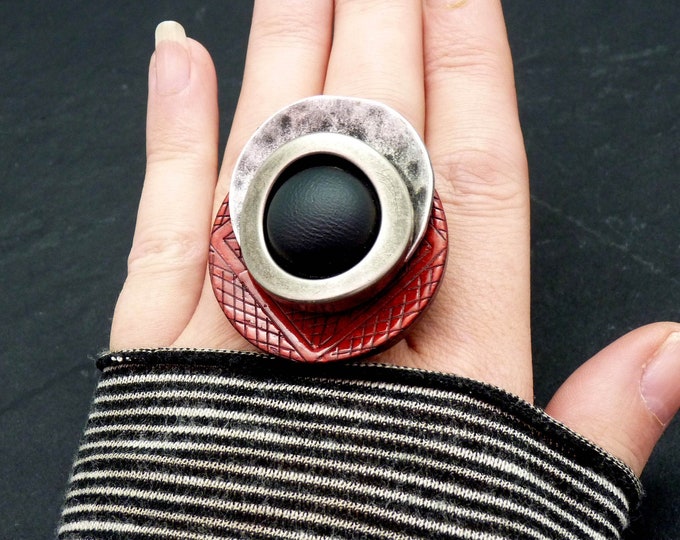 Large silver ring in metal, wood and resin imitation leather NEW RETRO adjustable Best seller