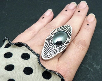 Long silver ring with hematite silver stone, art deco, OSMOSE HEMATITE adjustable