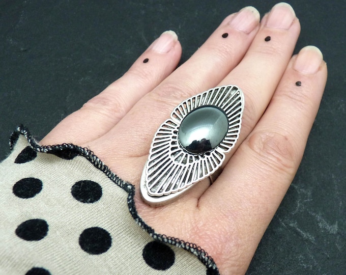 Long silver ring with hematite silver stone, art deco, OSMOSE HEMATITE adjustable