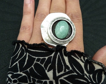 Grosse Bague argent pierre aventurine vert clair décalée graphique et minimale GRECCA AVENTURINE réglable ajustable Best seller