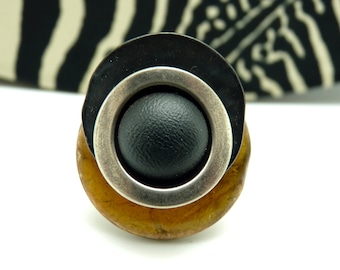 Small ring in yellow black wood and silver metal and ethnic metallic resin NEW RETRO adjustable adjustable Best seller