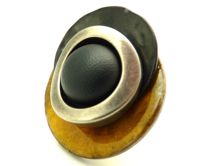 Large Ring in yellow black and silver wood metal and metallic resin ethnic NEW RETRO adjustable adjustable Last piece!
