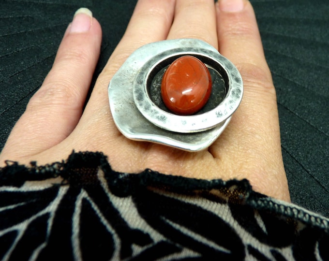 Large silver ring with orange-red jasper stone | GRECCA JASPE | adjustable