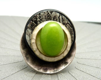 Large silver ring with anise green agate stone and snake motif GREENSNAKE adjustable