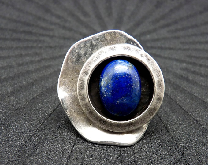 Large silver ring with indigo blue Lapis Lazuli stone | GRECCA LAZULI | adjustable
