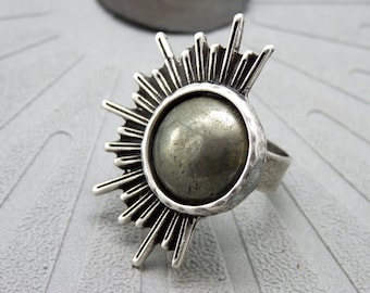 Silver Half Sun Ring with Pyrite Stone | PYRITE HALF SUN | Adjustable