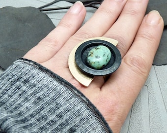 Large Vintage Gold Half Moon African Turquoise Stone Ring | DEMIMOON TURQUOISE | Adjustable - KUMKA