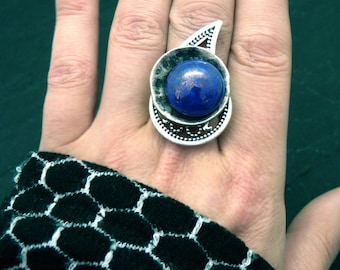 Long silver ring in metal and indigo blue glass CASHEMIR adjustable adjustable
